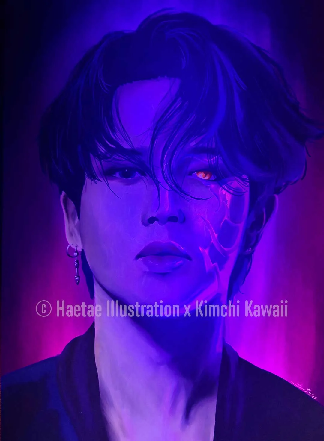 Illustration of Korean man with purple patterns on their face.
