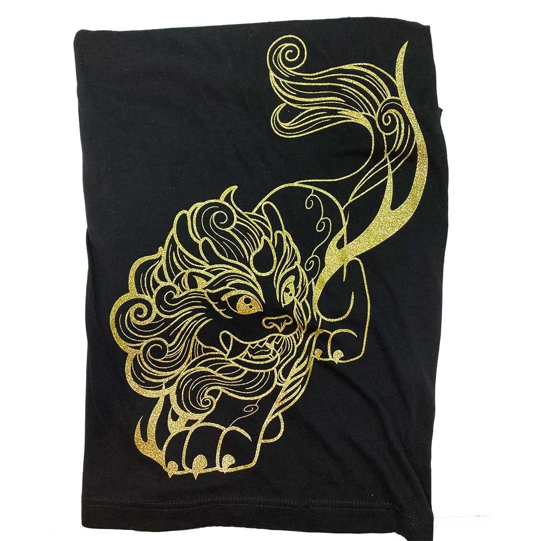 Black shirt with a haetae printed in gold glitter.