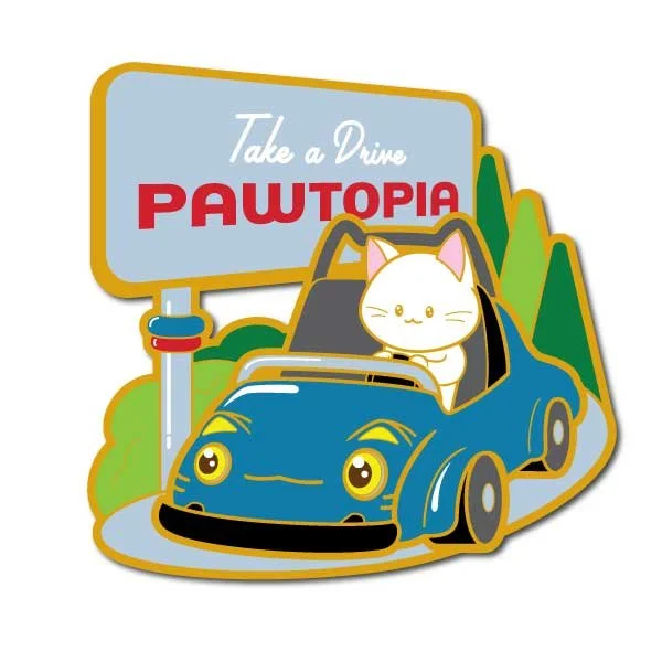 Pin mockup of a white cat driving a blue car. Text says 'Take a drive. Pawtopia'.