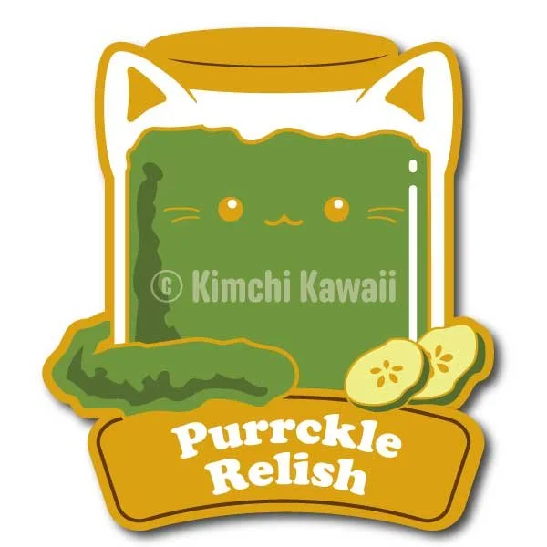 Pin mockup of a cat shaped jar of pickle relish. Text reads 'Purrckle Relish'.