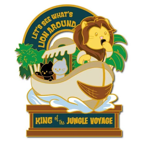 Two cats and a lion in a boat. Text says 'Let's see what's lion around' and 'King of the Jungle Voyag'.