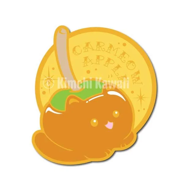 Mockup of a caramel apple kitty pin. Text reads 'Carameow Apple.'