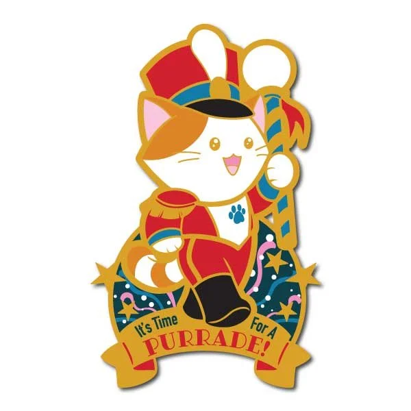 Parade marshall cat pin mockup. Banner says 'it's time for a purrade!'
