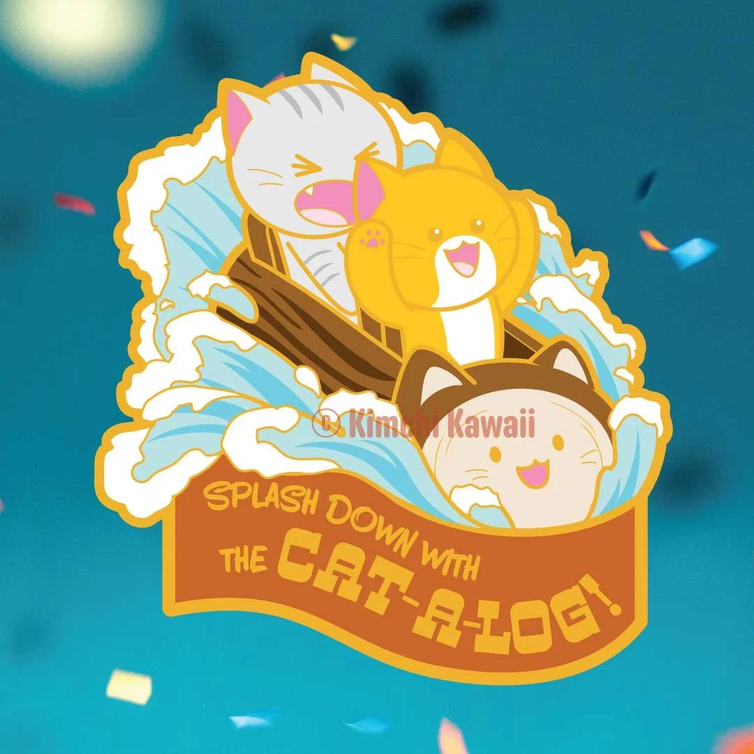 Artwork mockup of an enamel pin of two cats in a log ride.