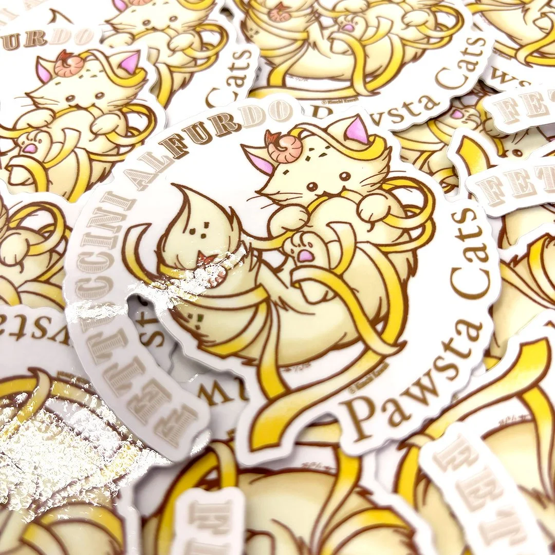Fluffy white cat playing with fettuccini noodles. Text around it says 'Fettuccini Alfurdo'.