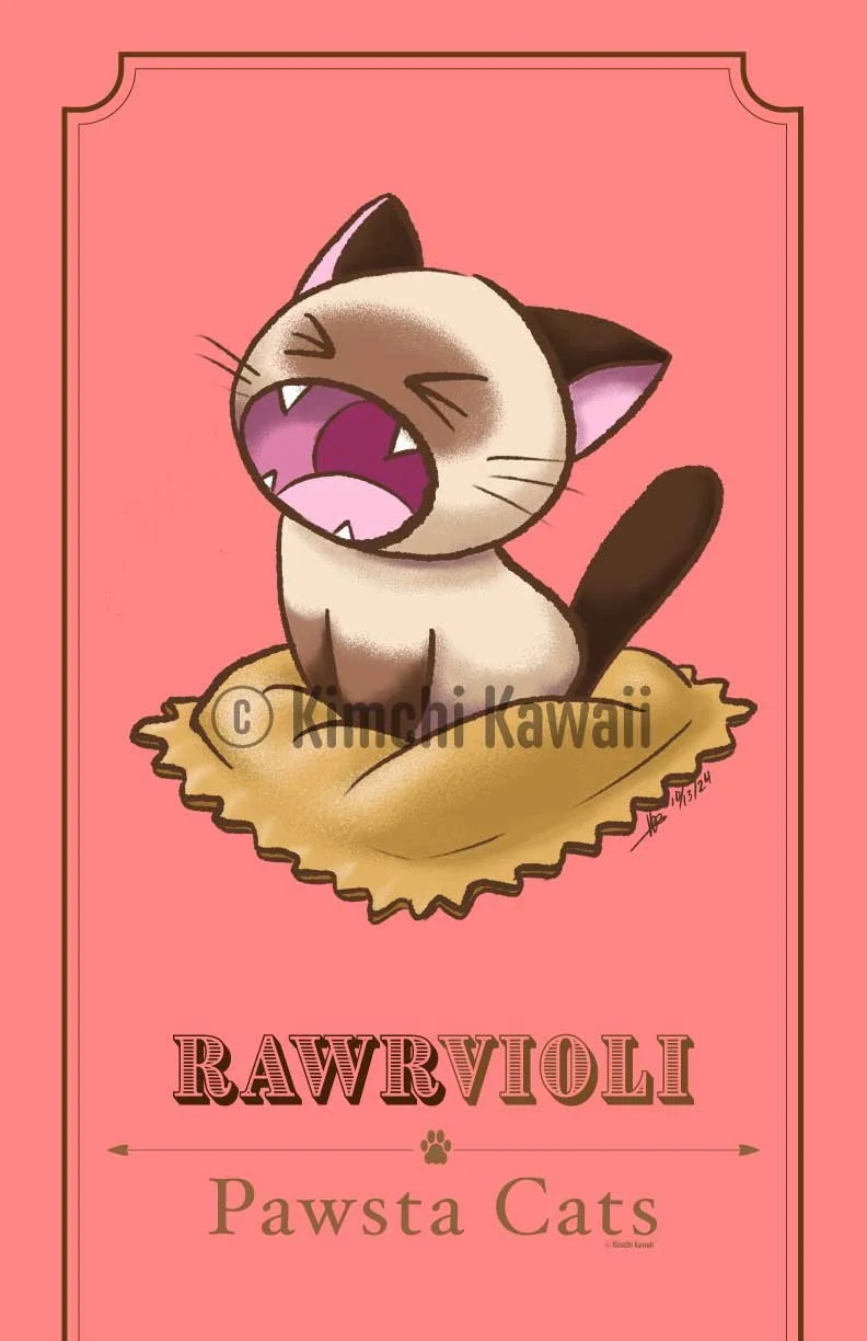 Yelling Siamese cat sitting on a ravioli.