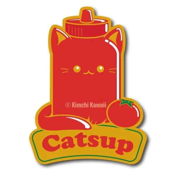 Pin mockup of a cat shaped bottle of ketchup. Text says 'Catsup'.