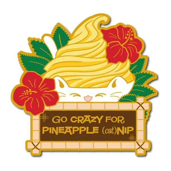 Mockup of a pin of pineapple soft serve in a kitty bowl. Text reads 'Go crazy for Pinapple (cat) Nip'.