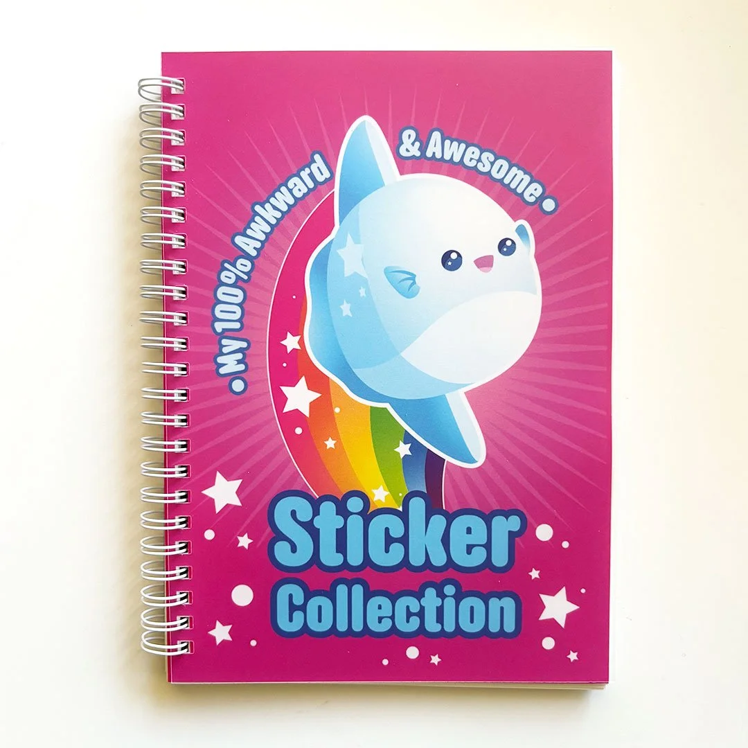 Mola Mola jumping with a rainbow. Text says 'My 100% awkward and awesome sticker collection'.