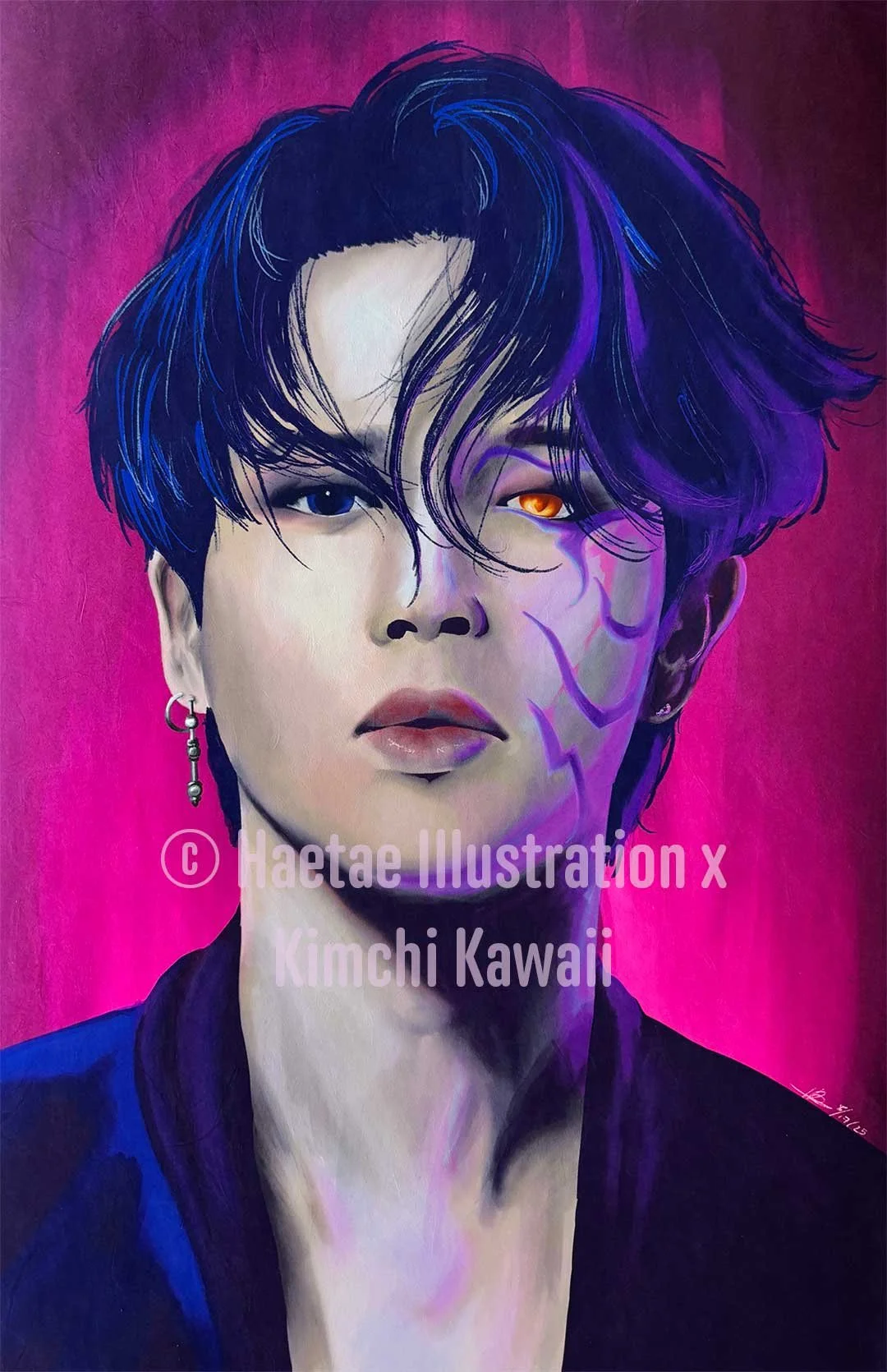 Illustration of Korean man with purple patterns on their face.