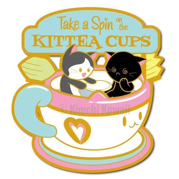 Mockup of a pin of two cats in a teacup ride. Text says 'Take a spin in the Kittea Cups'.