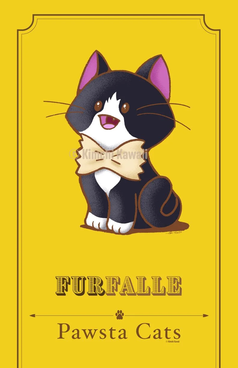 Illustration of a tuxedo black and white kitty with a bow tie pasta.