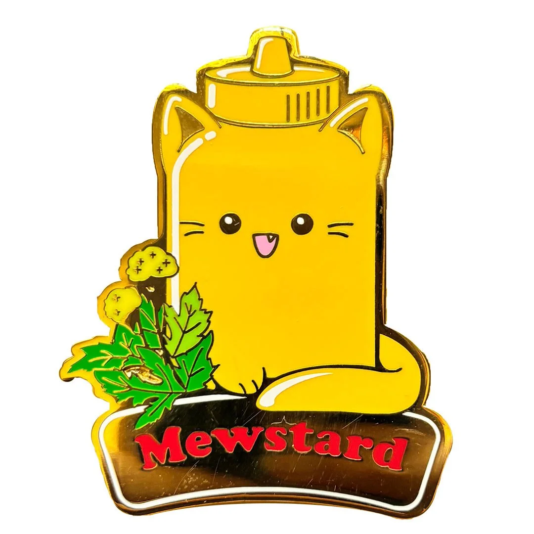Pin of a cat shaped bottle of mustard. Text reads 'Mewstard'.