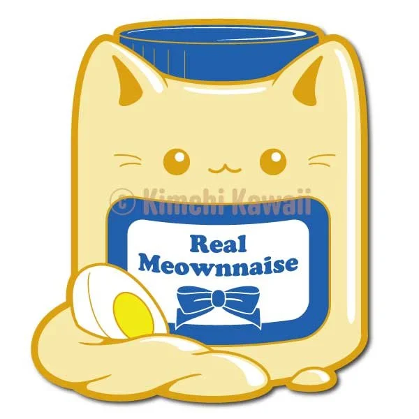Pin mockup of jar of mayonnaise shaped like a cat. Text reads 'Meownnaise'.