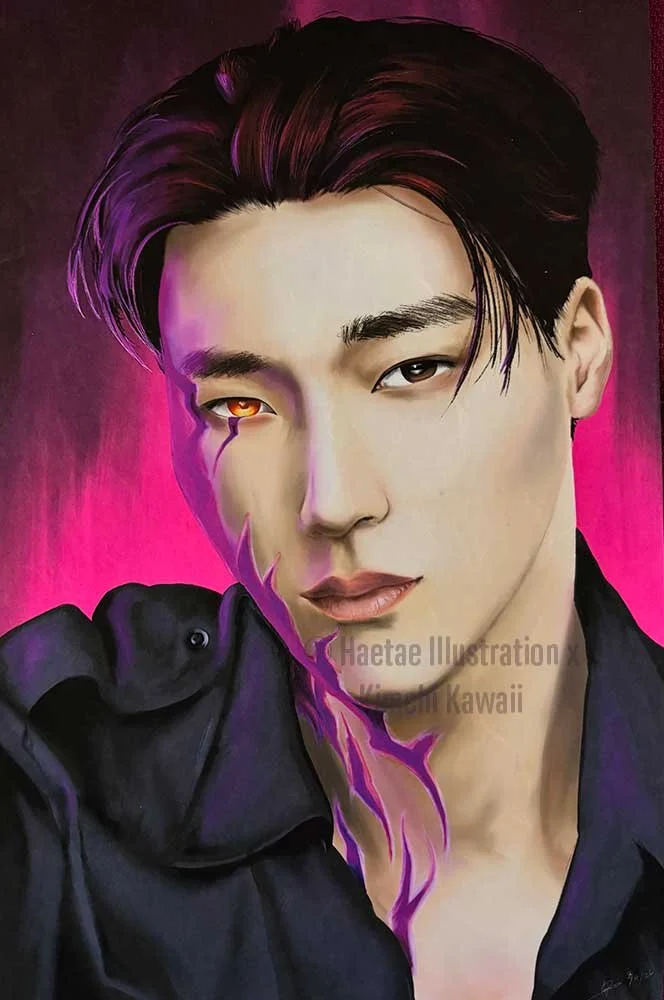 Illustration of Korean man with purple patterns on their face.