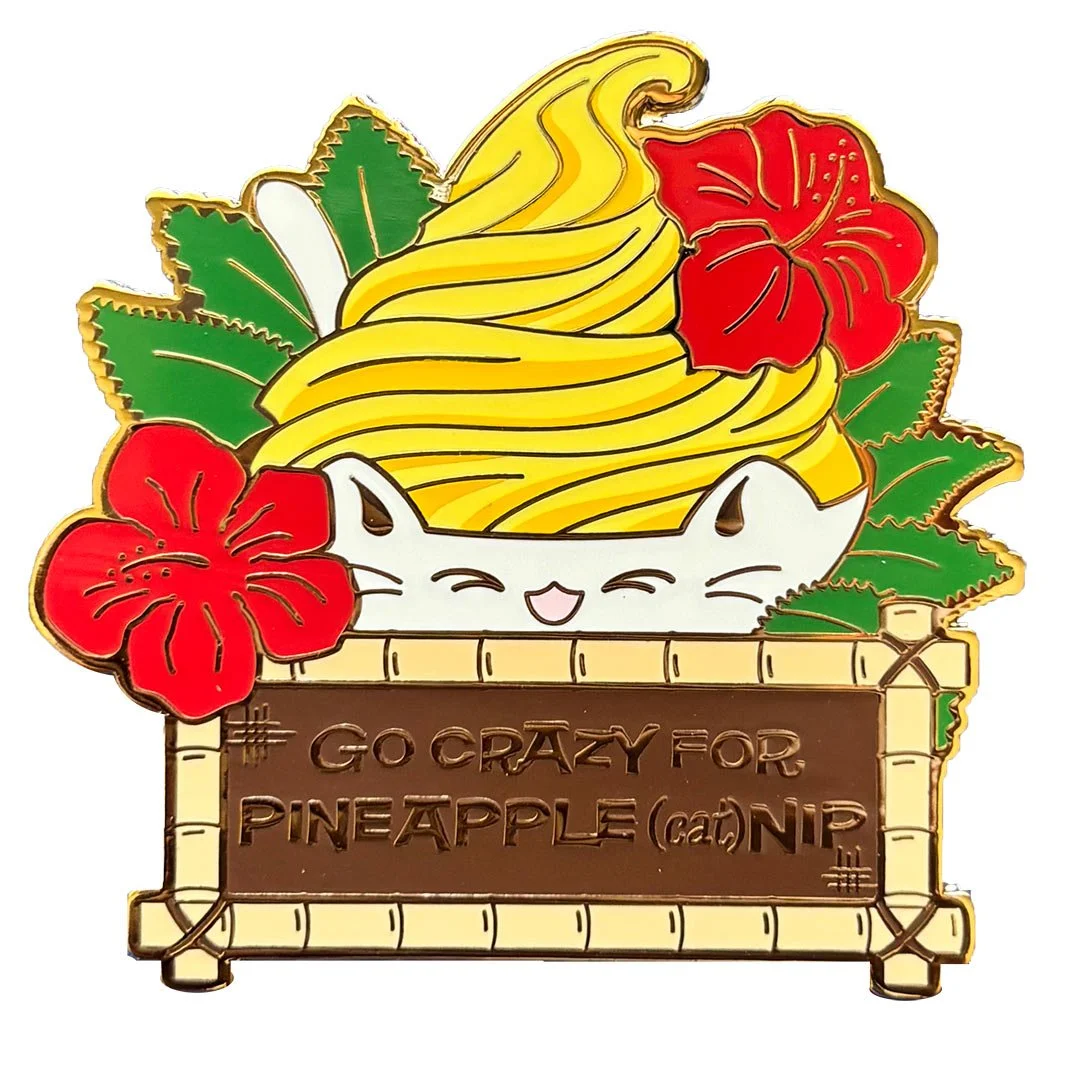 A pin of pineapple soft serve in a kitty bowl. Text reads 'Go crazy for Pinapple (cat) Nip'.