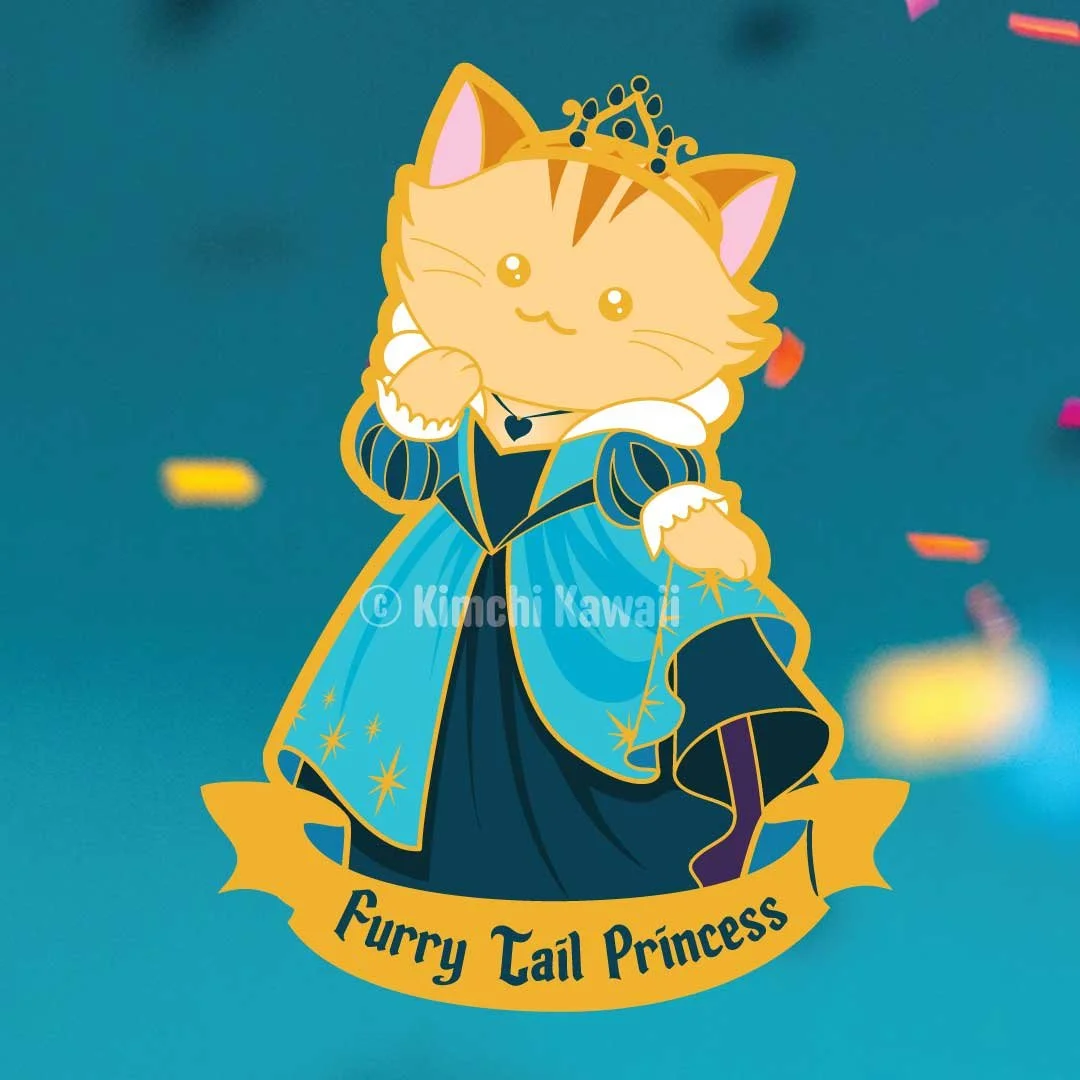 Artwork mockup of an enamel pin of an orange cat fairy  tale princess.