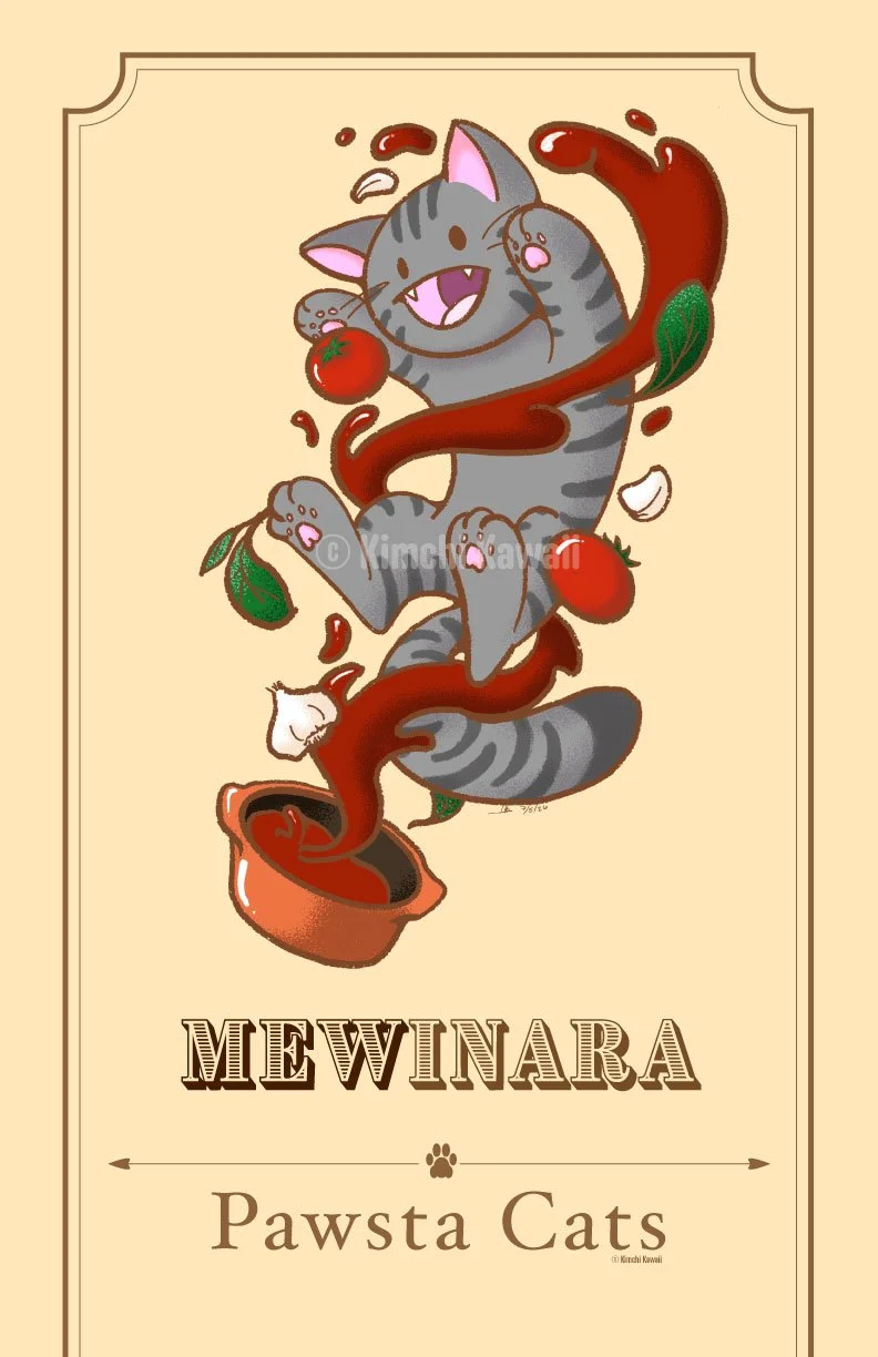 Drawing of a grey tabby cat jumping with marinara sauce, garlic and basil.