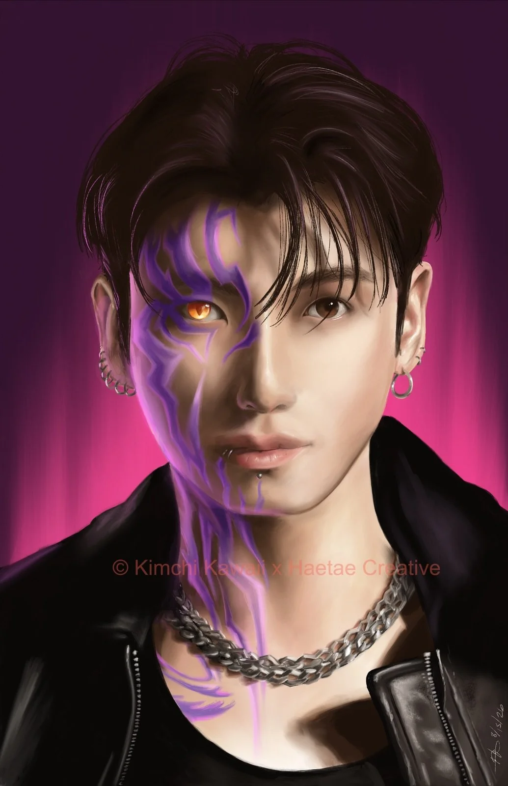 Painting of a Korean man with a glowing yellow eye and purple patterns on half his face.