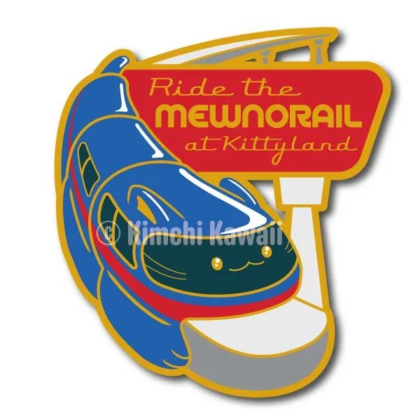Enamel pin mockup of a monorail shaped like a cat. Text reads 'Ride the Mewnorail at Kittyland'.