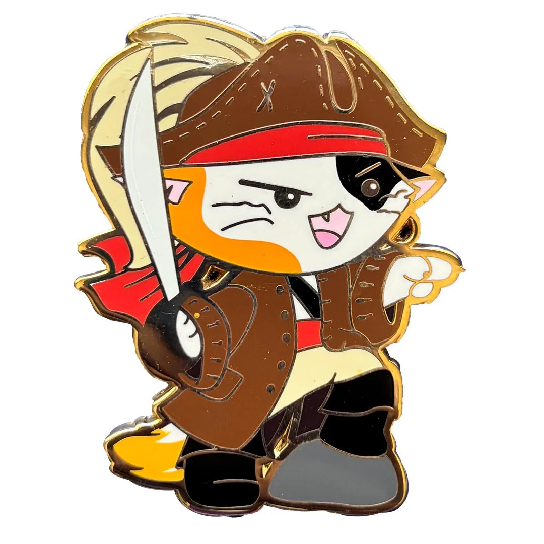 Pin of a pirate cat with a sword.