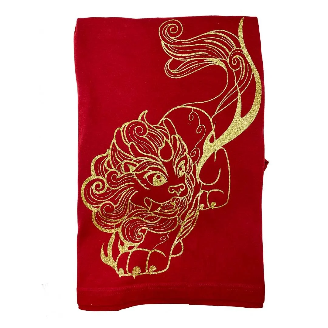 Red shirt with a haetae printed in gold glitter.