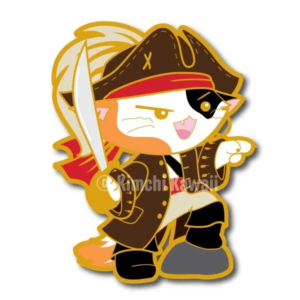 Pin mockup of a pirate cat with a sword.