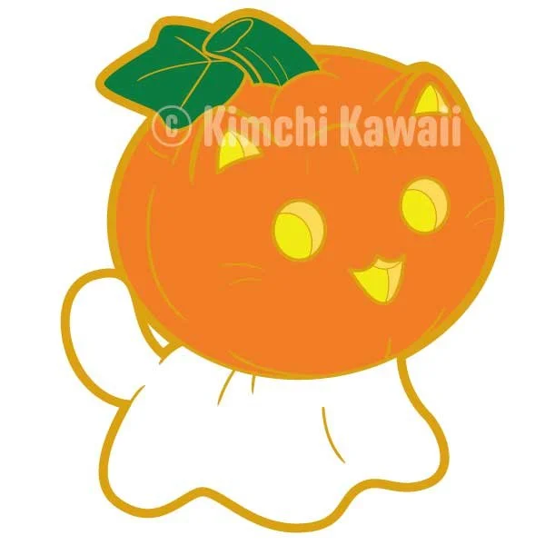 Mockup of an enamel pin of a pumpkin headed ghost kitty.