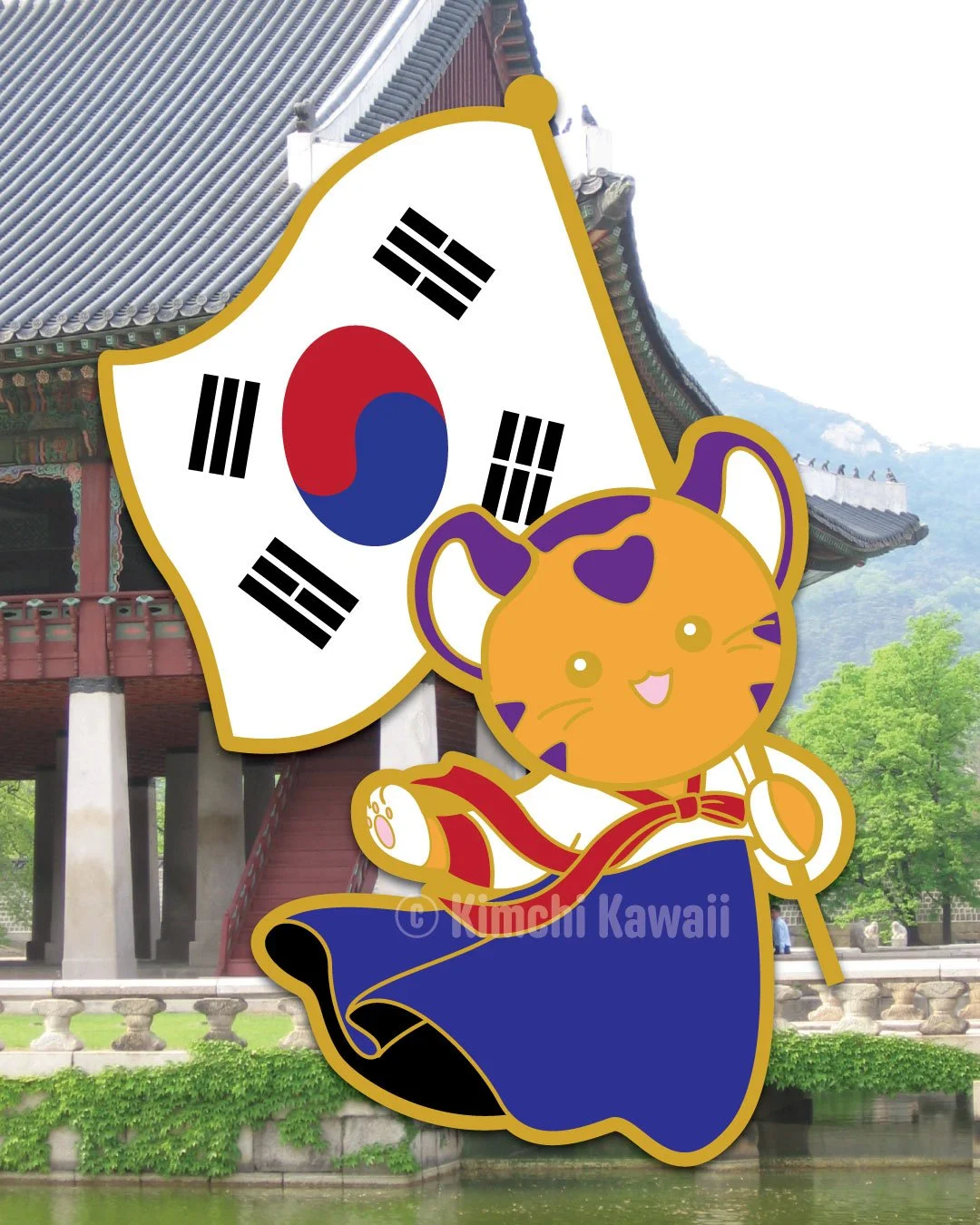 Pin mockup of a tiger in hanbok with the South Korean flag.