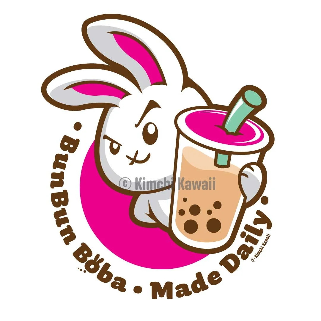 Artwork of a white bunny holding a boba drink and the words 'BunBun Boba, made daily'.