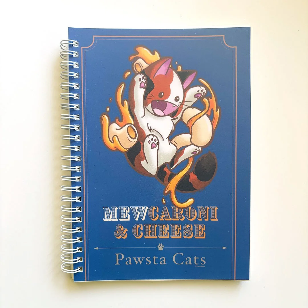 Calico kitty playing with macaroni and cheese. Text on bottom reads 'Mewcaroni and Cheese' and 'Pawsta Cats'.