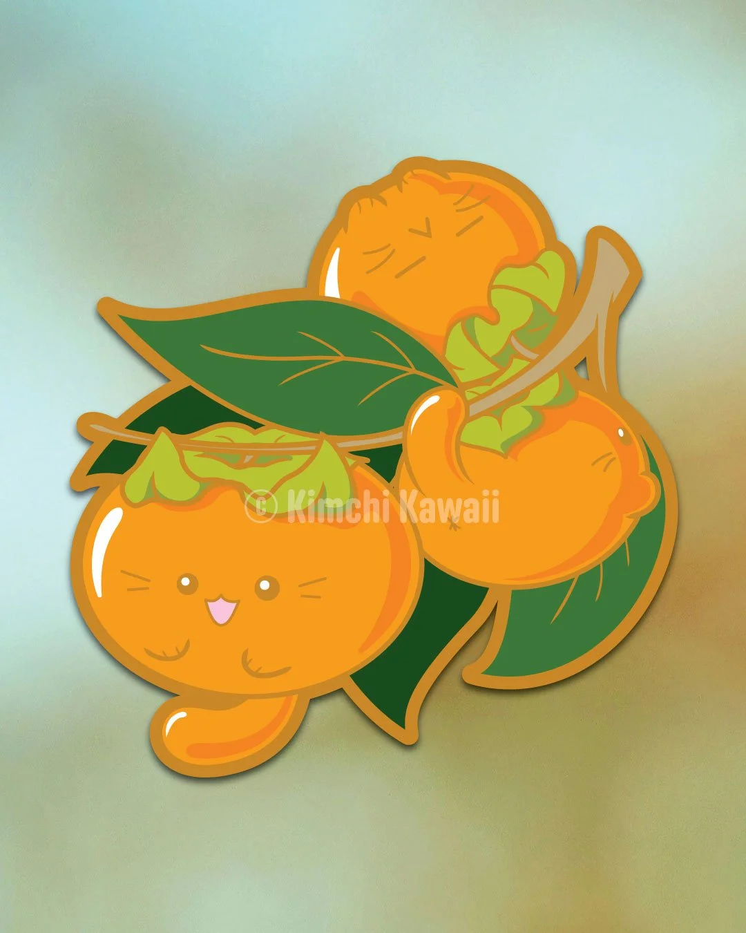 Pin mockup of cat shaped persimmons on a tree branch.