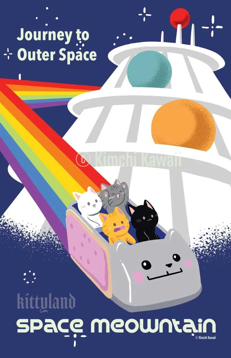 Illustration of four cats in a space ride.