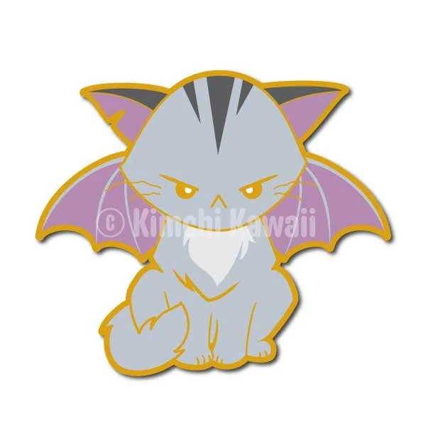 Mockup of a pin of a grey cat with purple bat wings.