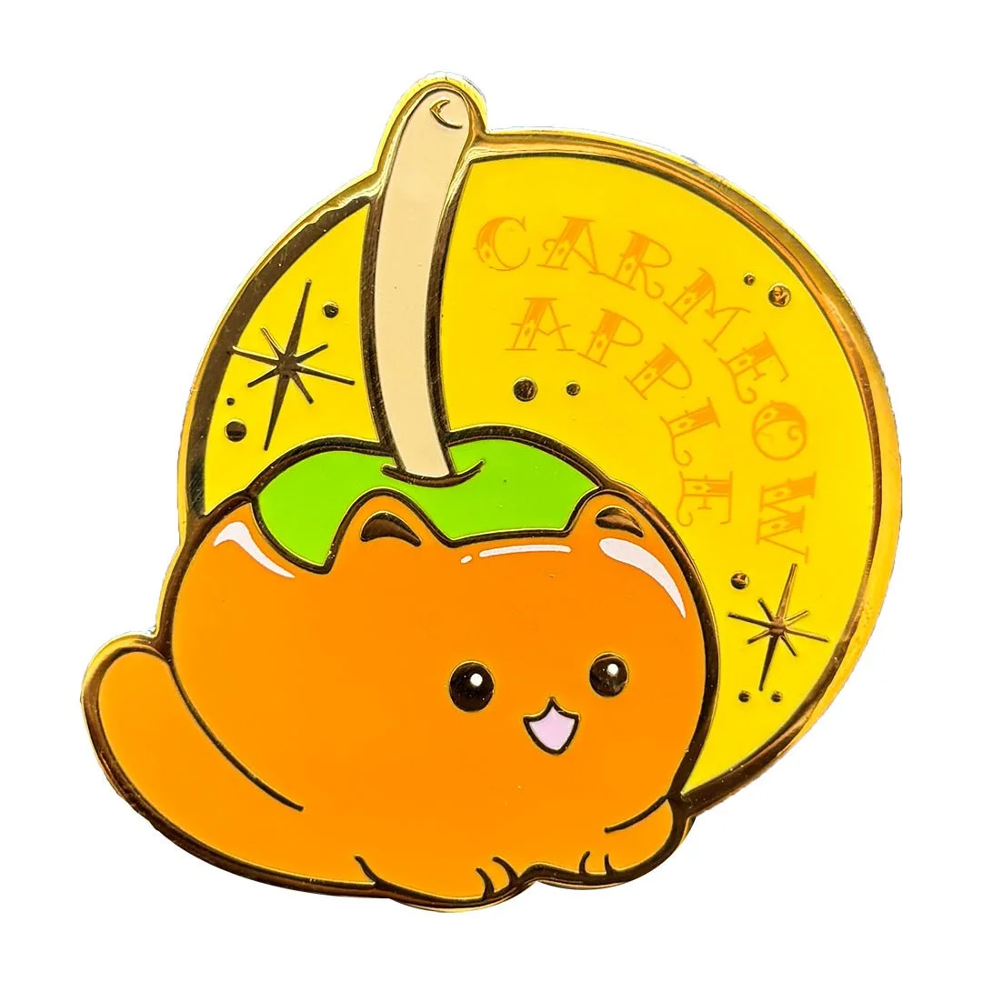 Caramel apple kitty pin. Text reads 'Carameow Apple.'