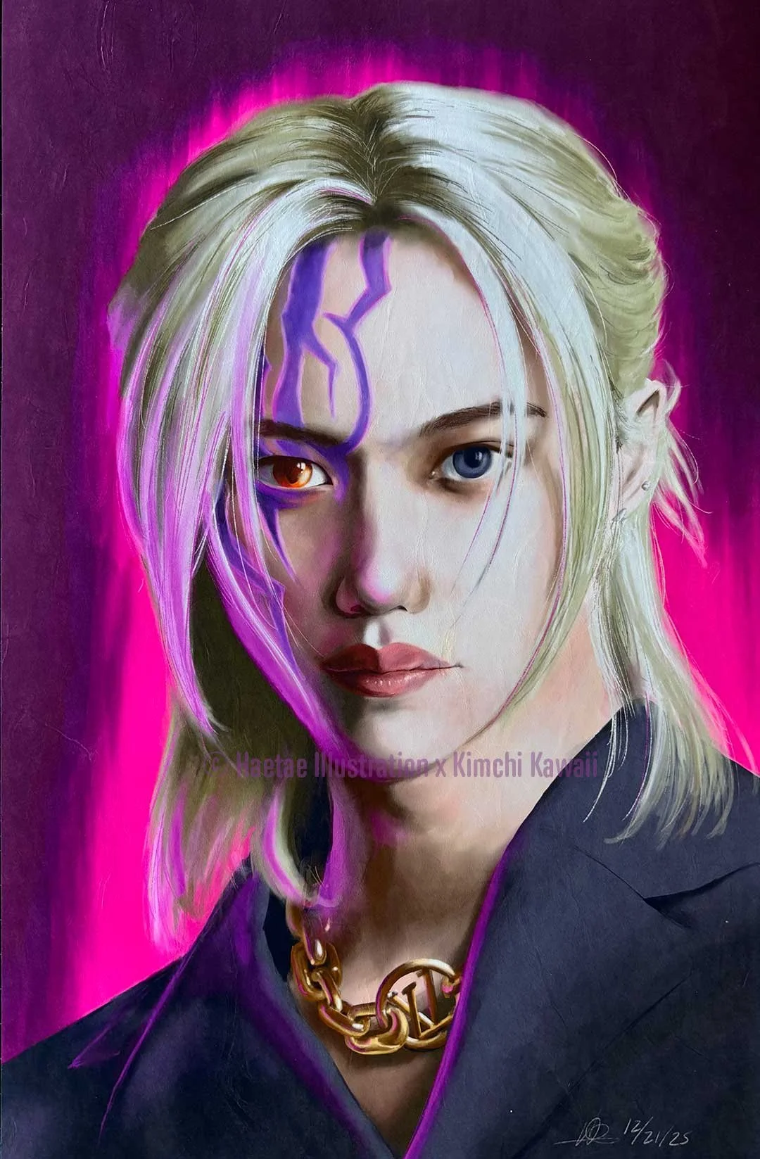 Illustration of Korean man with purple patterns on their face.