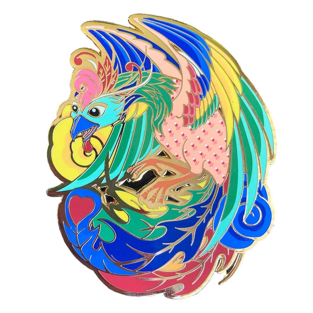 Enamel pin of a Korean style phoenix.