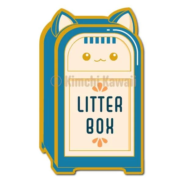 Mockup of a pin of a cat shaped trashcan labeled 'Litter Box'.