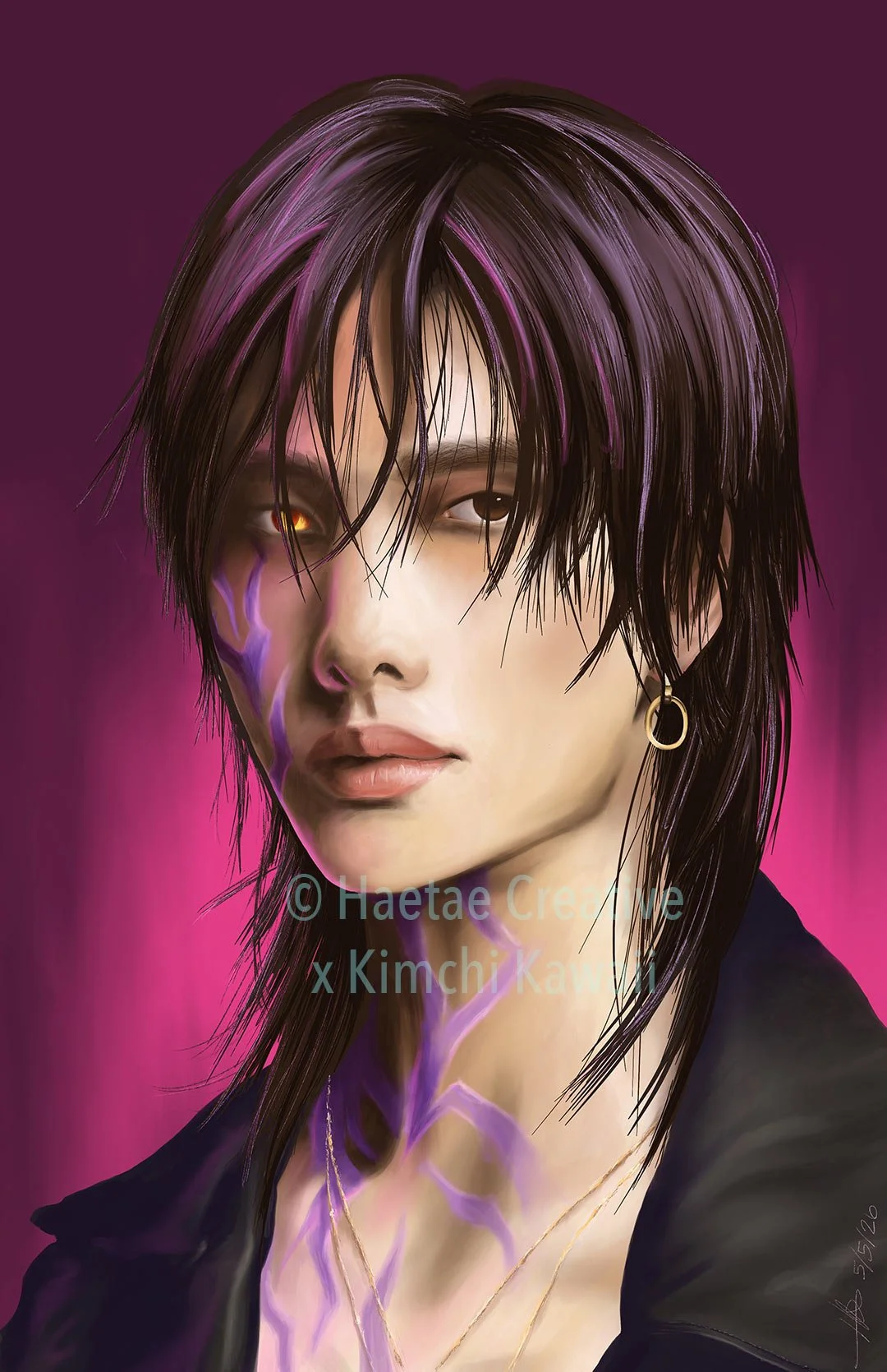 Drawing of a Korean man with purple markings and one yellow eye.