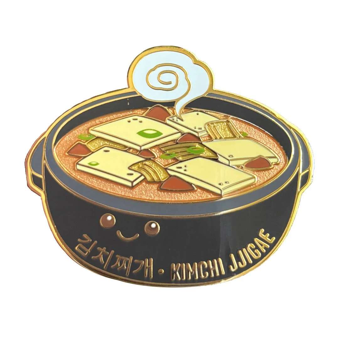 Kimchi jjigae in a black bowl enamel pin.