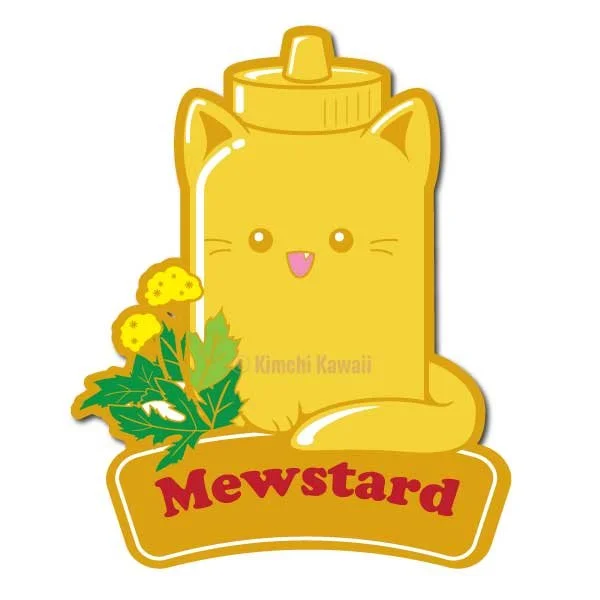 Pin mockup of a cat shaped bottle of mustard. Text reads 'Mewstard'.
