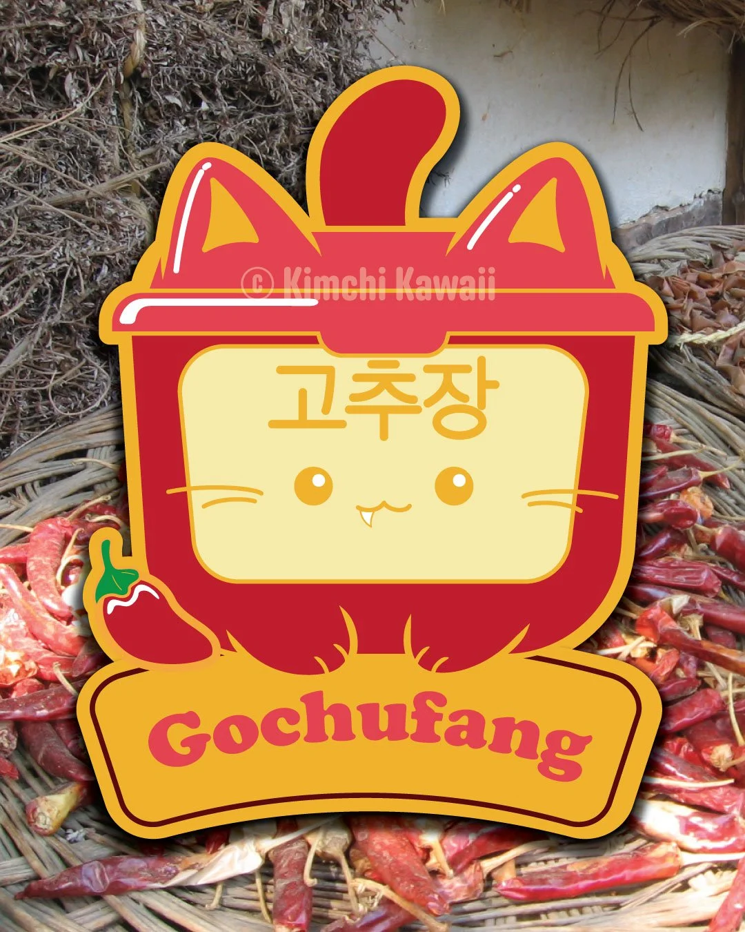 Pin mockup of a cat shaped container of gochujang. Text reads 'gochufang'.
