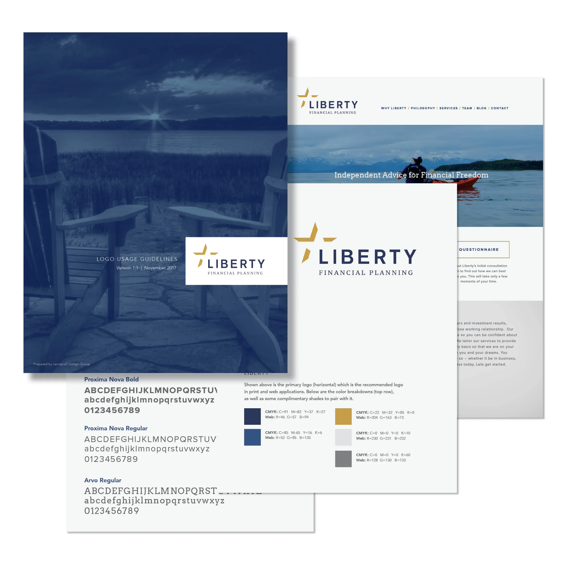 Liberty Financial Planning Brand Guidelines We created corporate brand guidelines for Liberty Financial Planning in order to help them more consistently use their newly-designed brand in all client-facing materials. Their brand story included logo usage guidelines, their brand color palette, font guidelines, and examples of their new brand in use.