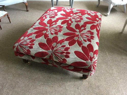 Table footstool in red floral patterned chenille (currently on the web store)