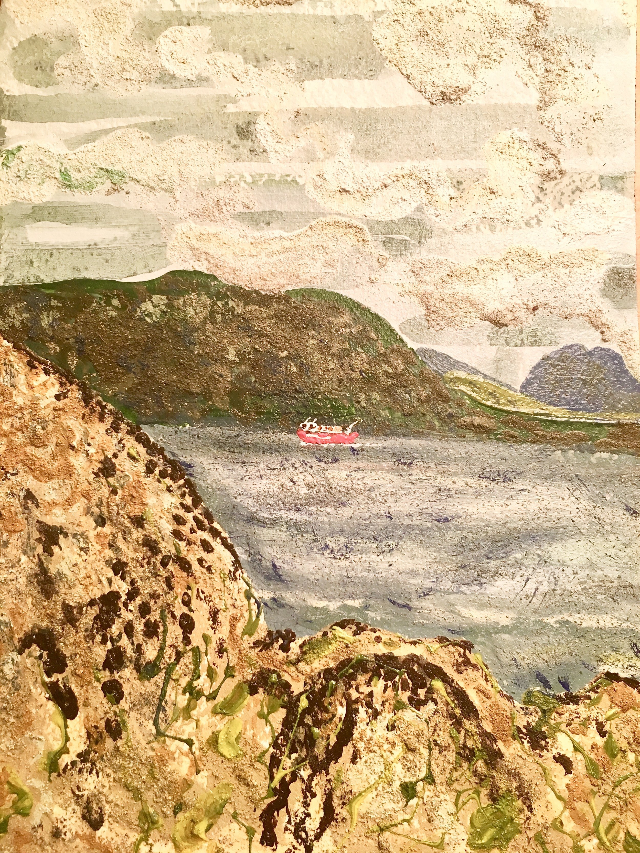   Post Boat, Cleggan to Inishbofin, Co. Galway , mixed media on paper 26x18cm (framed) August 2018. Sold 