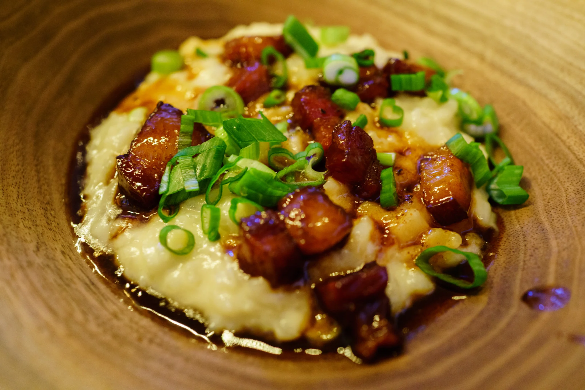 Clothbound Cheddar Risotto with Bacon, Scallions and Red Eye Gravy at The Backroom in Vermont