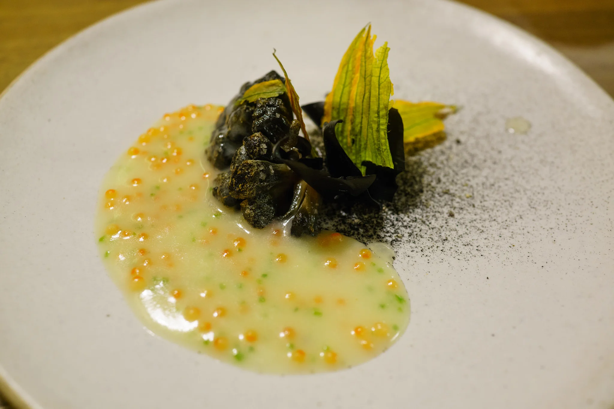 Whole Roasted Huitlacoche, Spicy Potato Sauce, with Smoked Trout