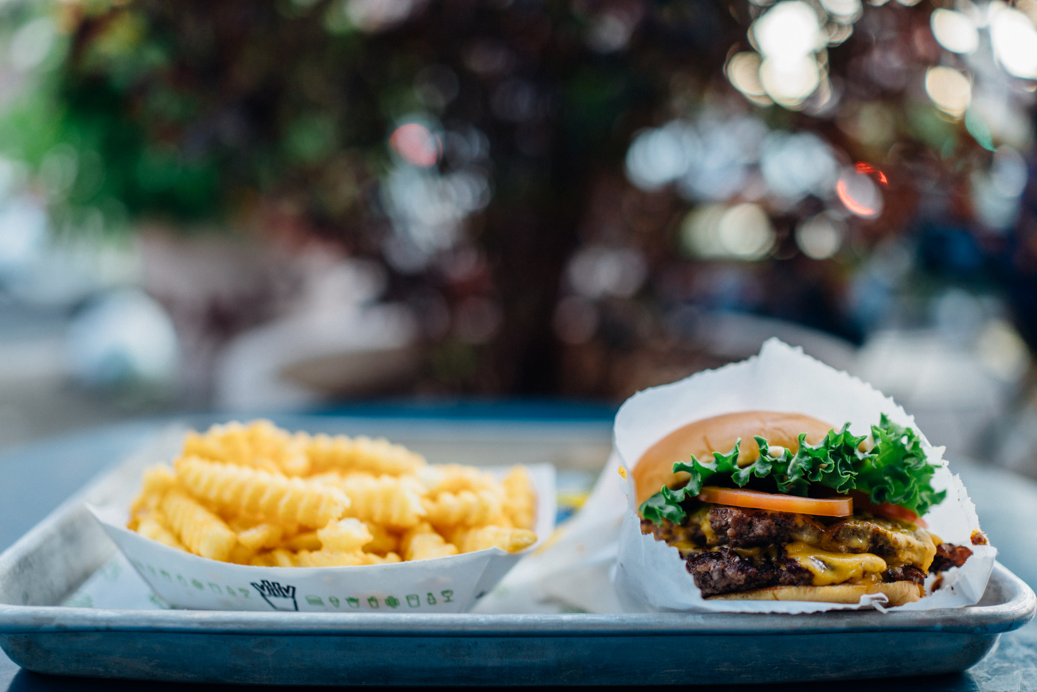 Double ShackBurger at Shake Shack in DUMBO on a summer evening
