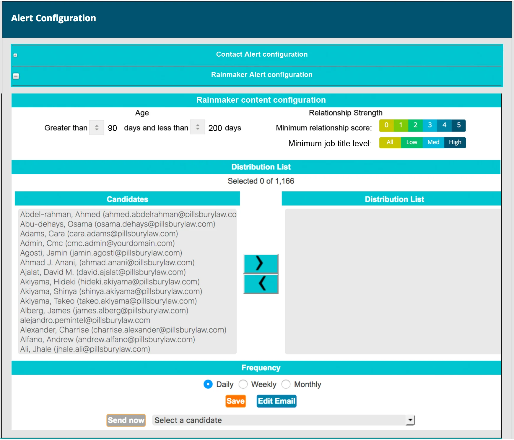 gwabbit Alerts are easy to administer. Distribution list may be selected, along with minimum relationship, contact age, and job title level triggers