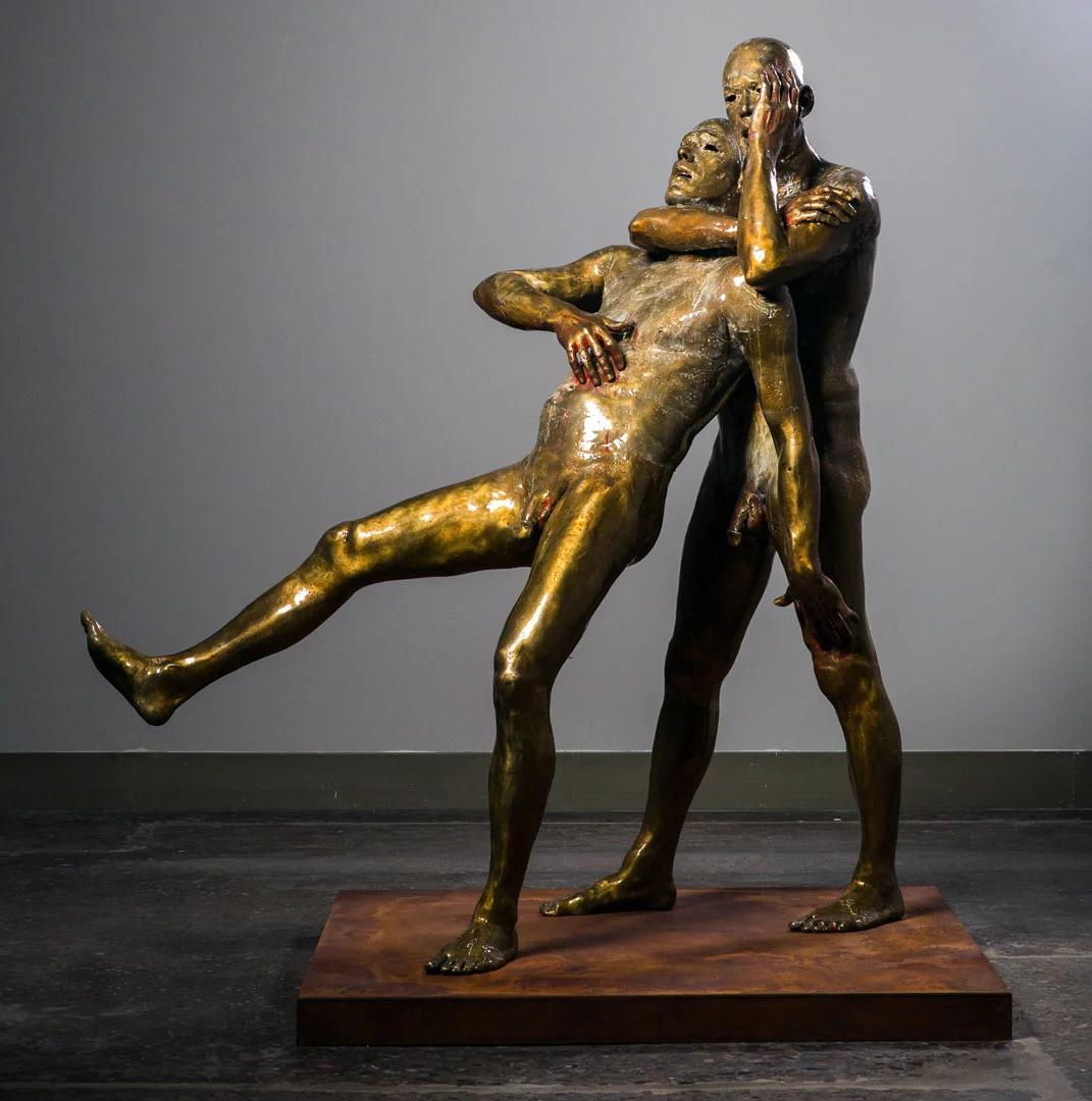 "Brothers", 2017, bronze, acrylic and steel, 68" H, unique